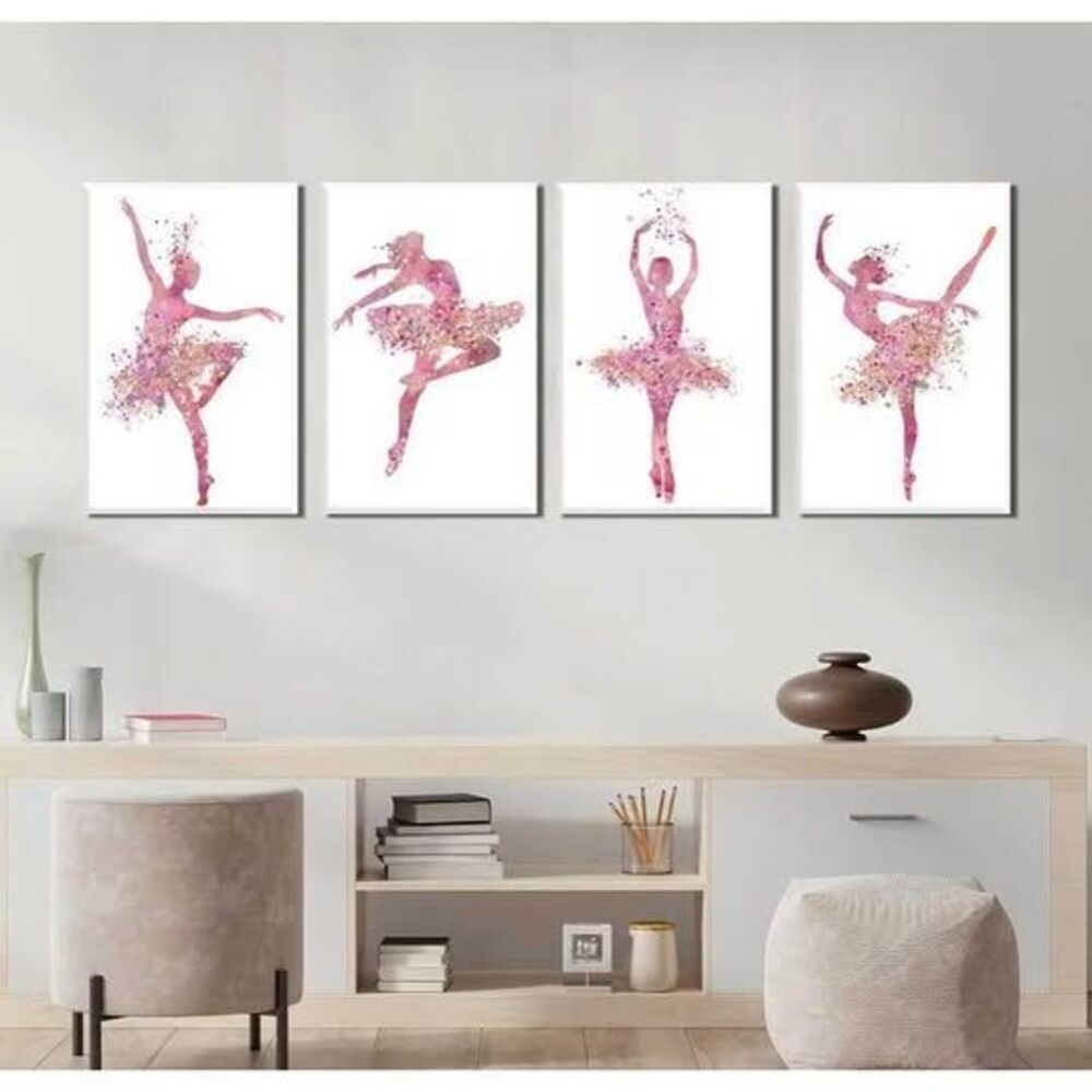 4-Piece Pink Watercolor Ballerina Canvas Wall Art Set